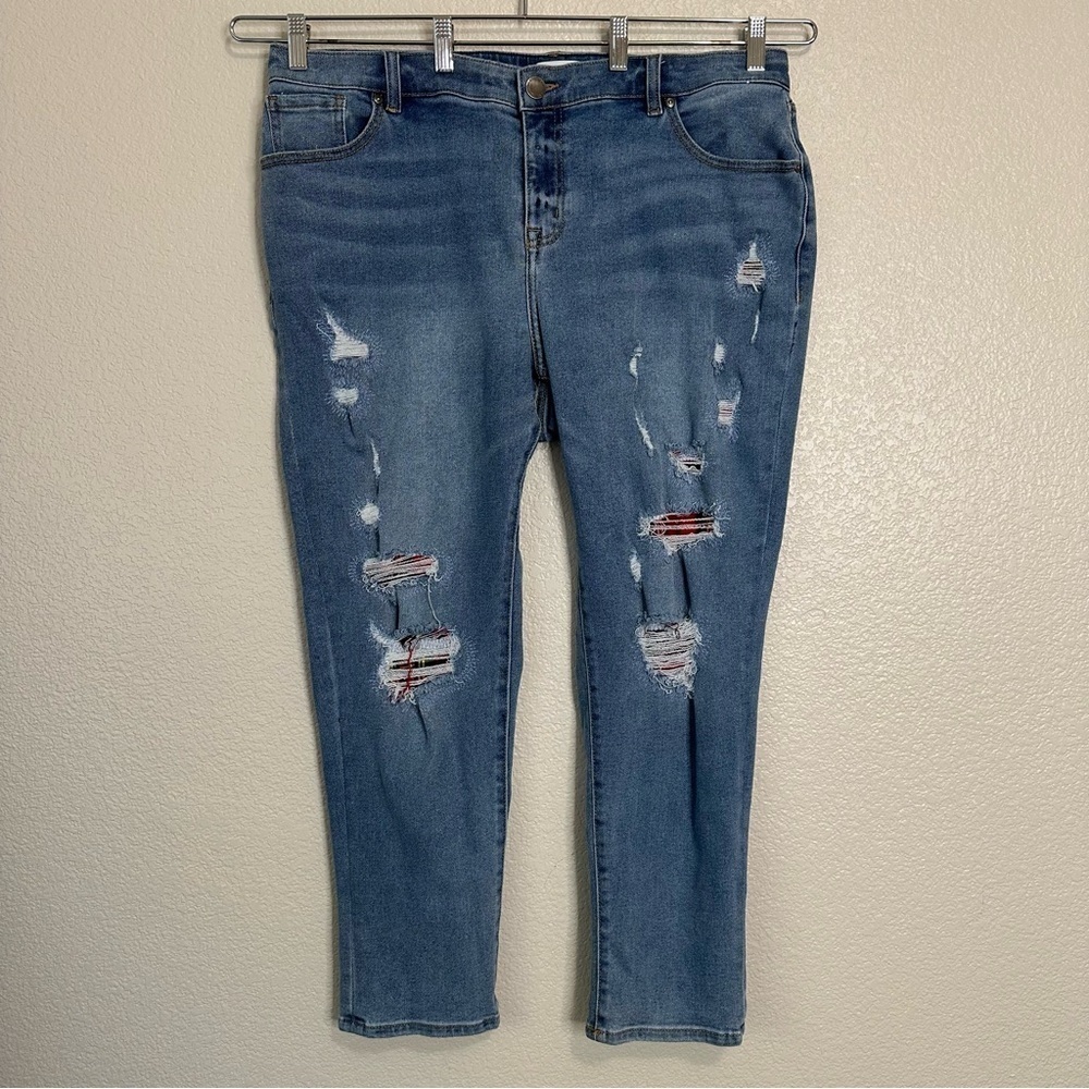 Lane Bryant Distressed Red Plaid Patch Mid-Rise Boyfriend Jeans, Size 16P